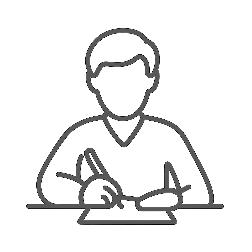 A simple line drawing of a person sitting at a desk, writing, with their hand raised, gesturing storytelling.